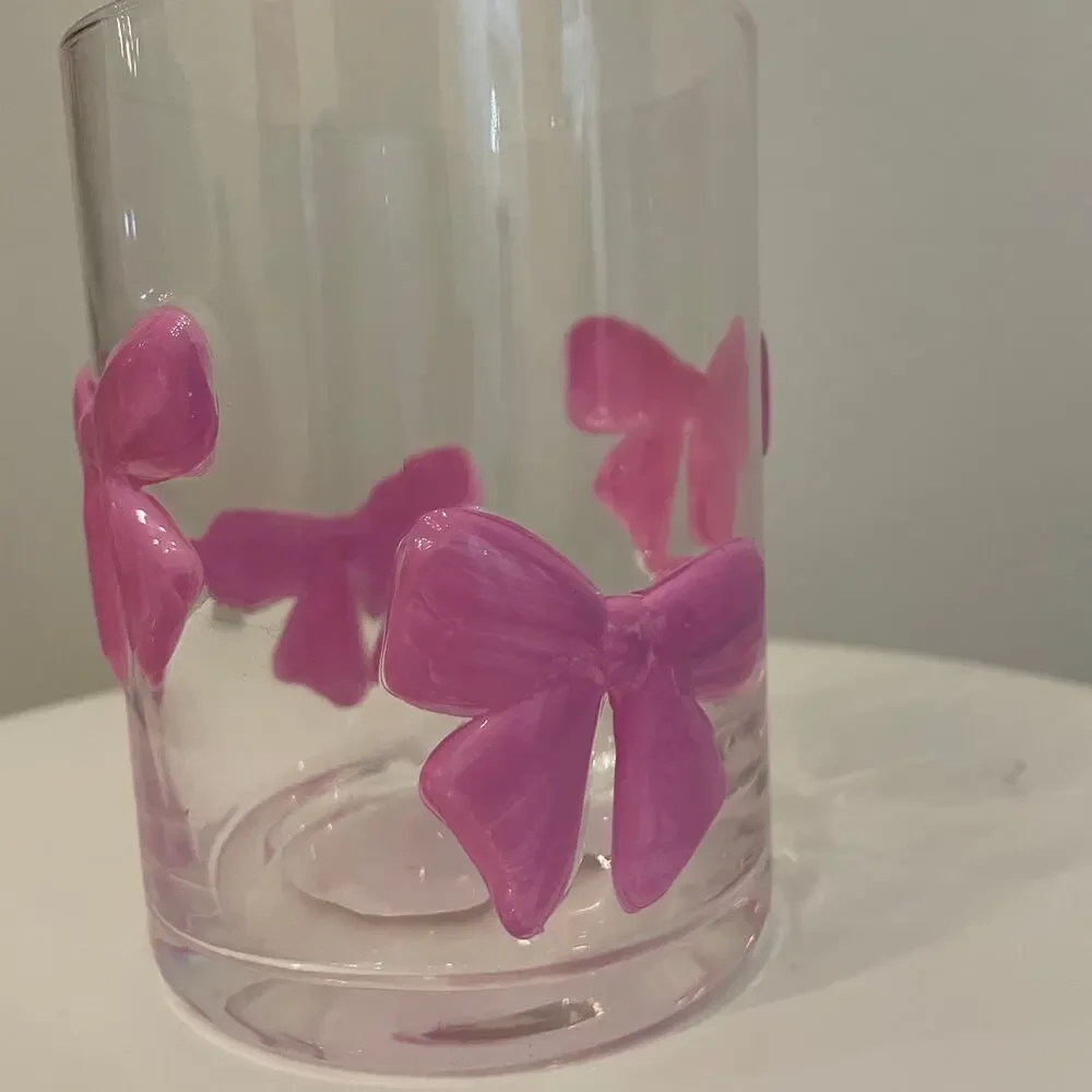 VIRAL Pink Bow Embossed Glass Clear Tumbler Cups Set of 2 NEW